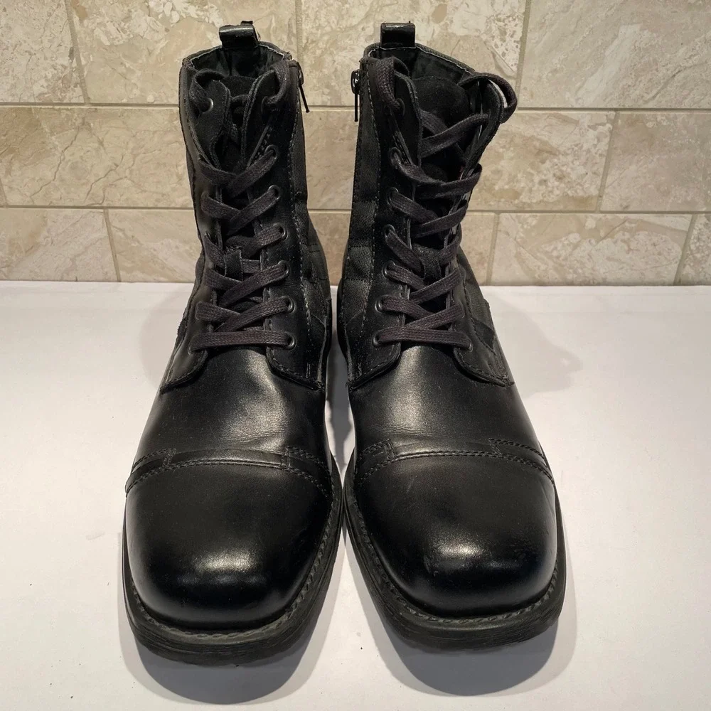 INC Black Leather Canvas Combat Boots Side Zip Cap Toe Lug Sole Tactical US 11